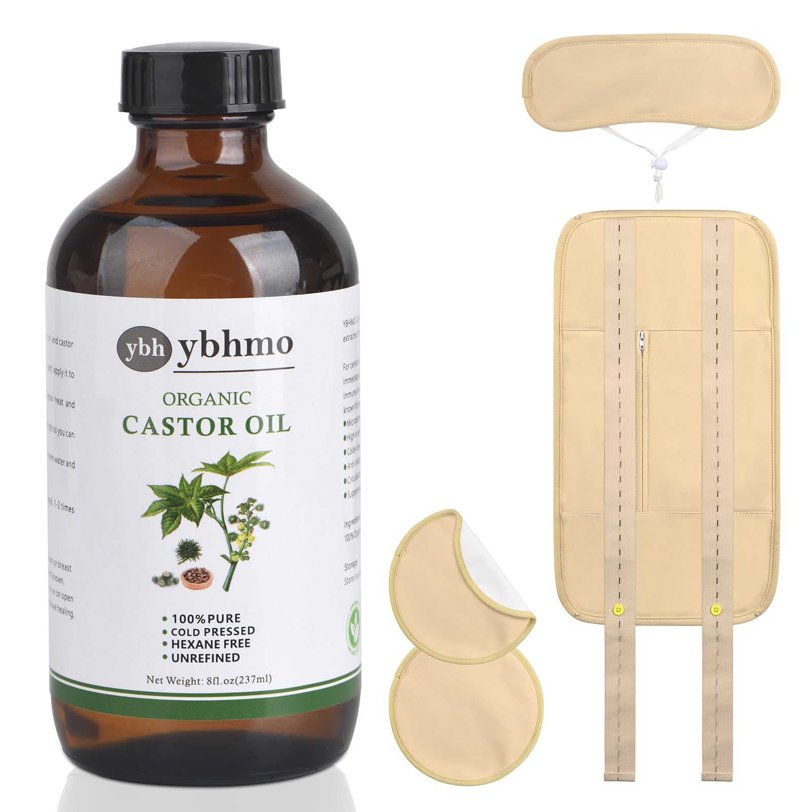 Aceite de ricino orgánico YBHMO en botella de vidrio ámbar para conservar la calidad.