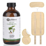 Aceite de ricino orgánico YBHMO en botella de vidrio ámbar para conservar la calidad.