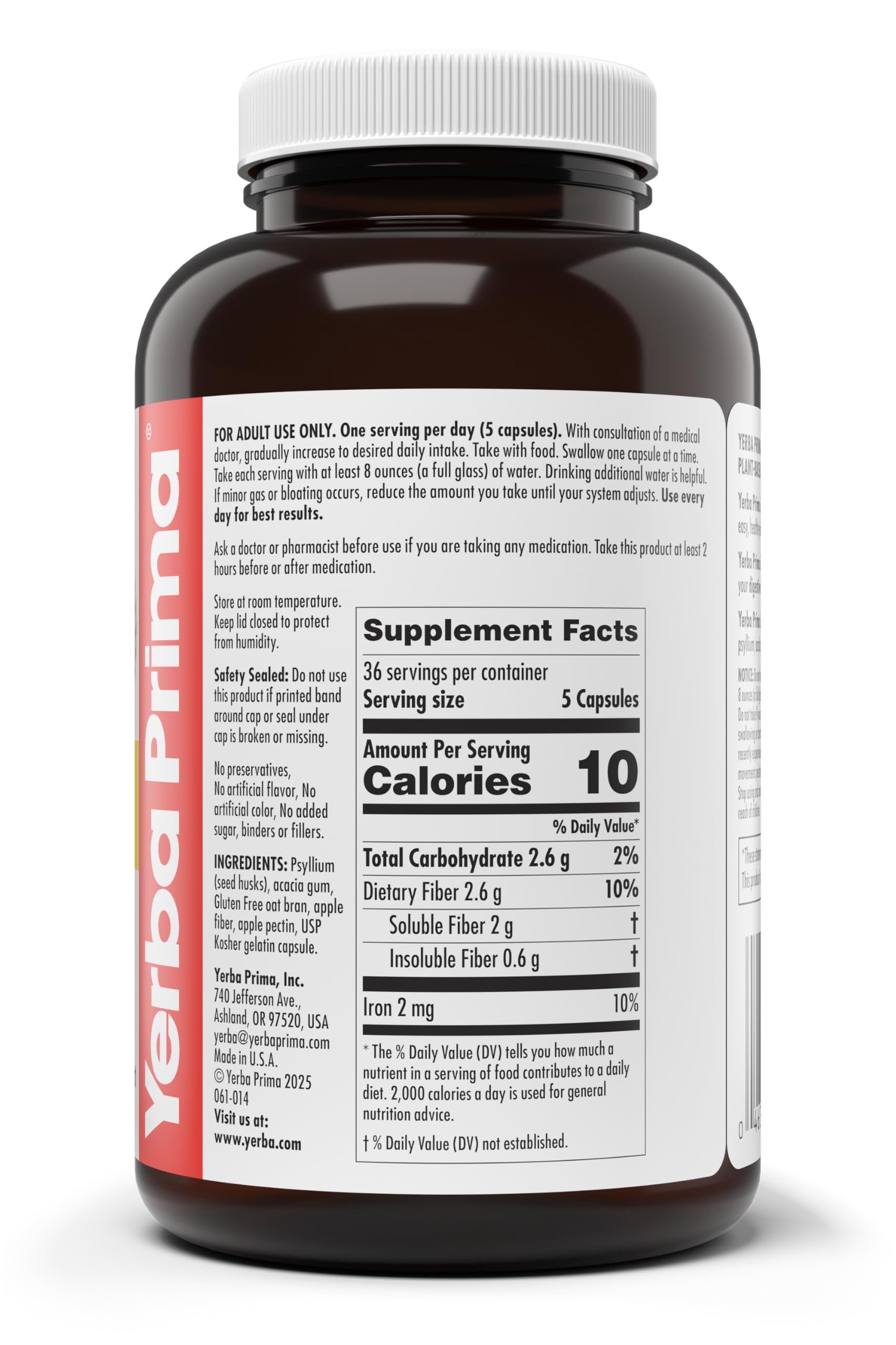 Caja de cápsulas Yerba Prima fibra soluble formato práctico para la dieta diaria