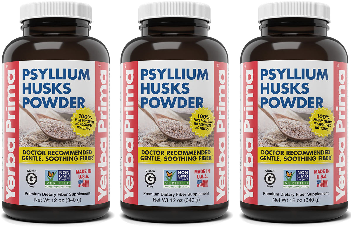 Yerba Prima psyllium en frascos sobre mostrador, fibra natural para regularidad diaria.