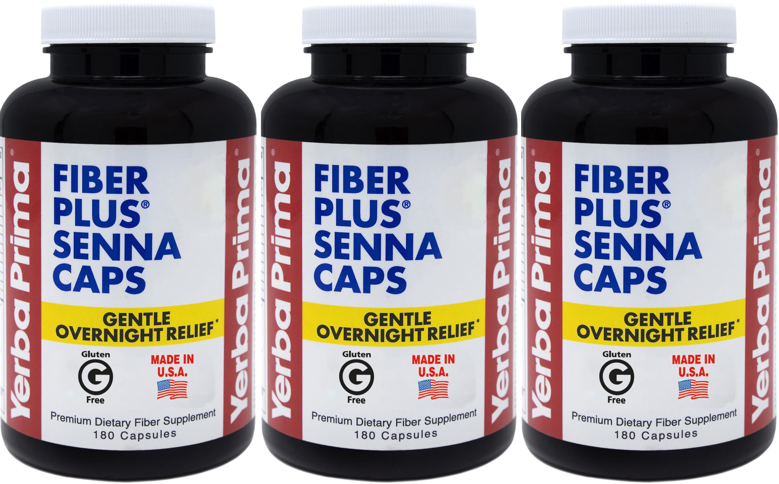 Cápsulas Yerba Prima Fiber Plus Senna en botella, apoyo suave a la regularidad nocturna.
