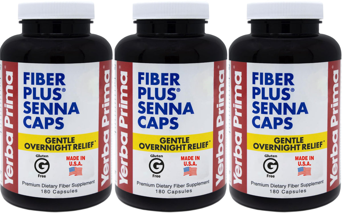 Cápsulas Yerba Prima Fiber Plus Senna en botella, apoyo suave a la regularidad nocturna.