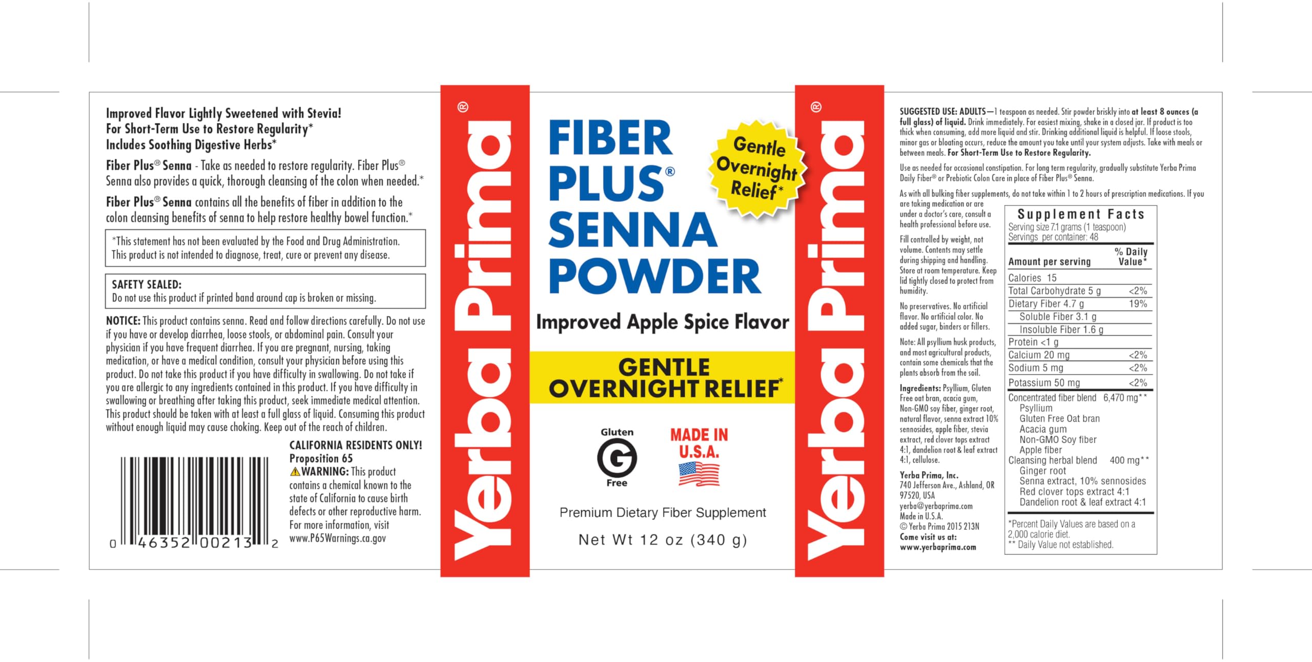 Yerba Prima Fiber Plus Senna, cucharilla medidora, dosis fácil para rutina diaria.