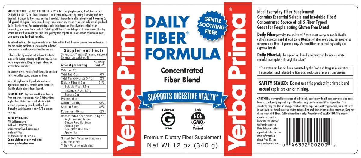 Cucharada de polvo de Yerba Prima Daily Fiber Formula para mezclar en bebidas.