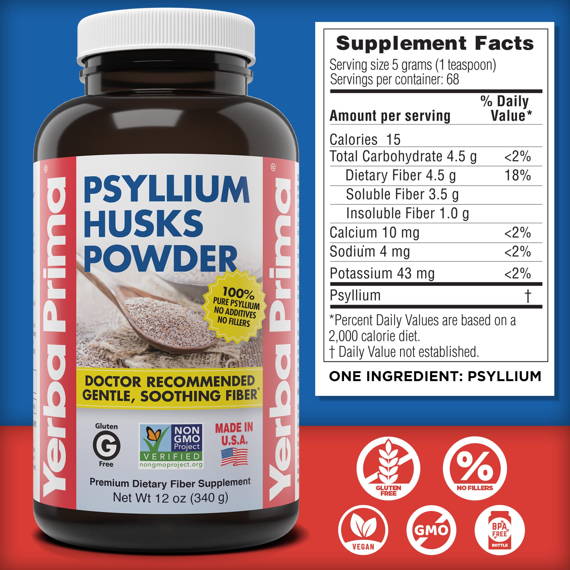 Pack de tres frascos Yerba Prima Psyllium para apoyo digestivo diario.