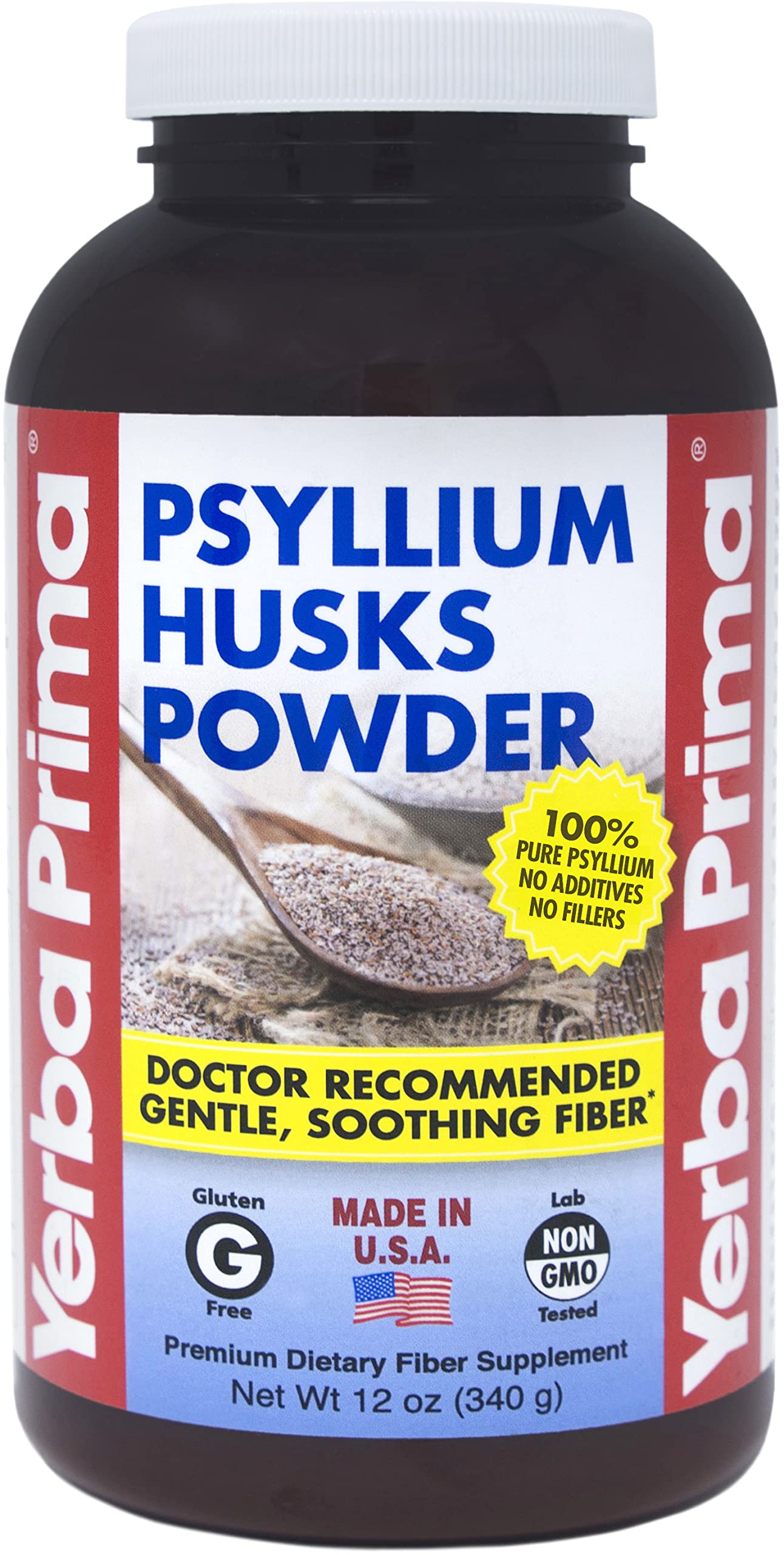 Bote de Yerba Prima con polvo de cáscaras de psyllium para fibra diaria