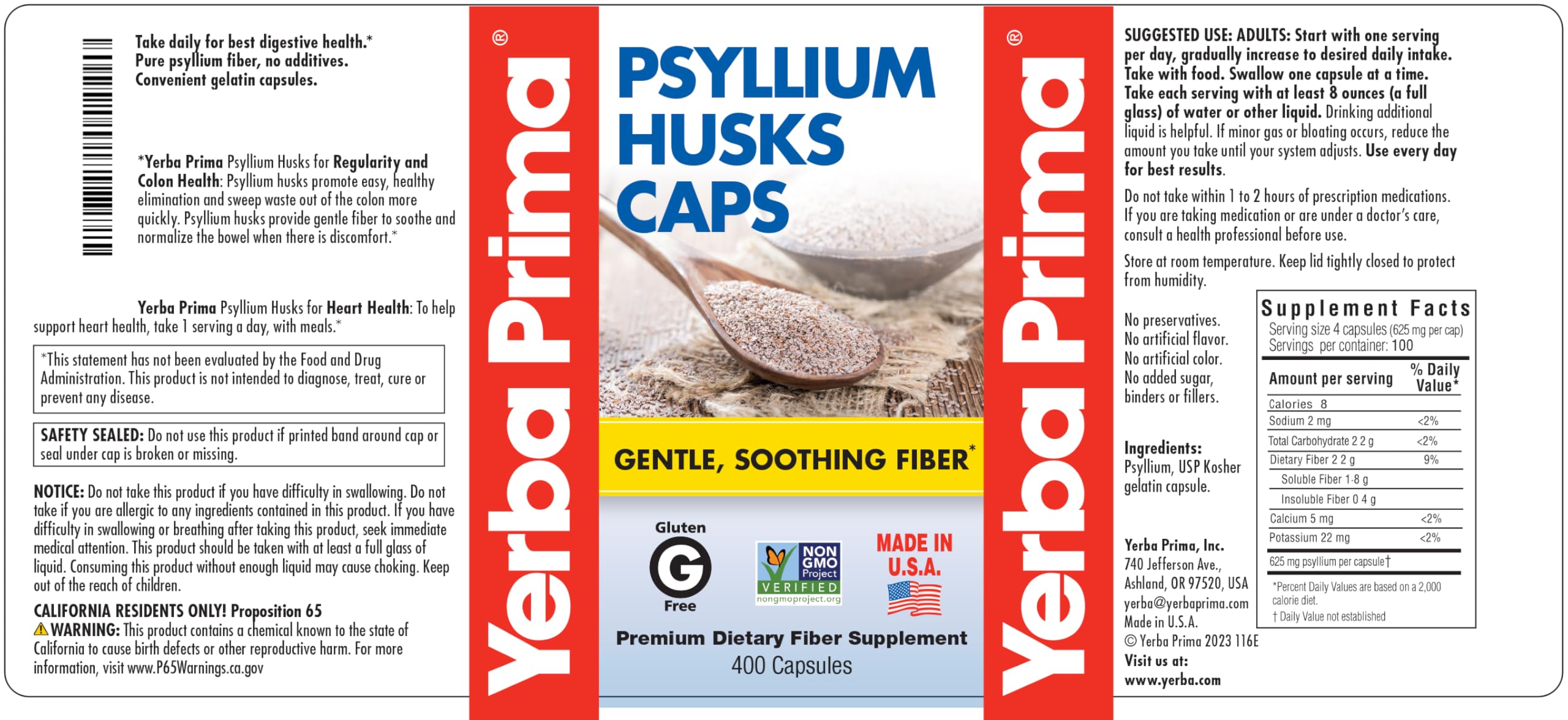 Yerba Prima psyllium 625 mg, etiqueta que destaca fibra natural.