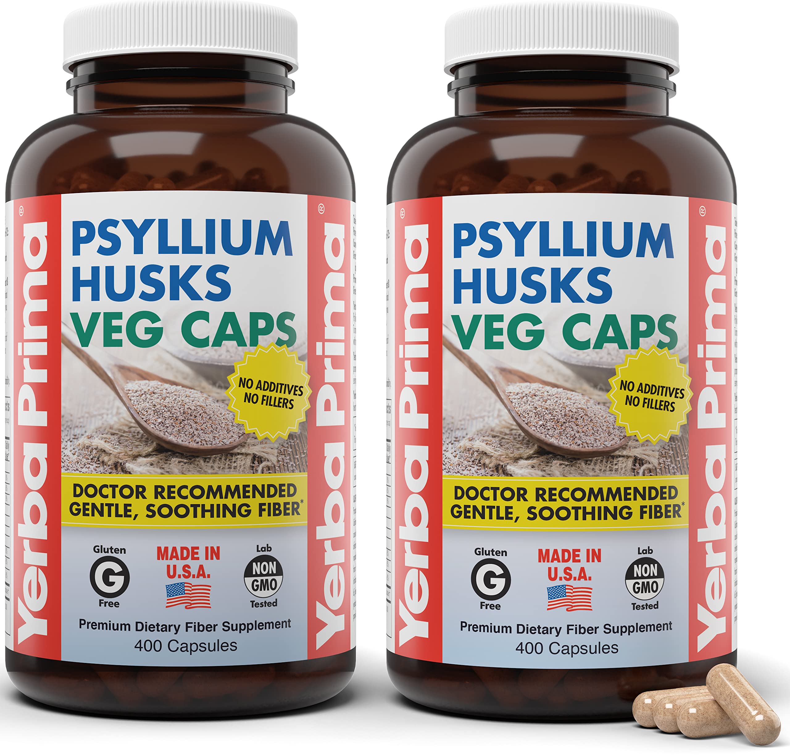 Yerba Prima Psyllium Capsulas: botella con cápsulas veganas para fibra diaria