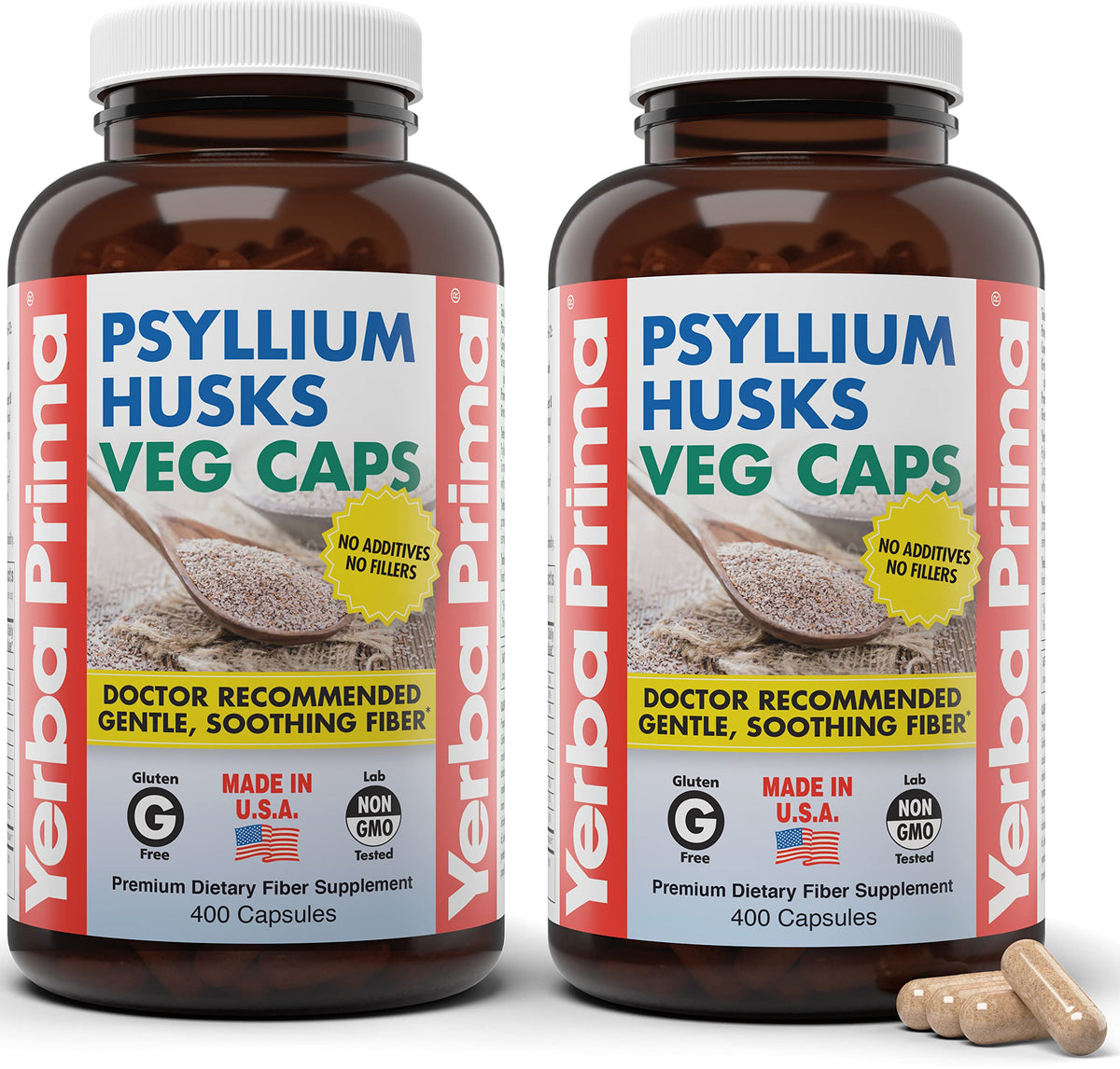Yerba Prima Psyllium Capsulas: botella con cápsulas veganas para fibra diaria