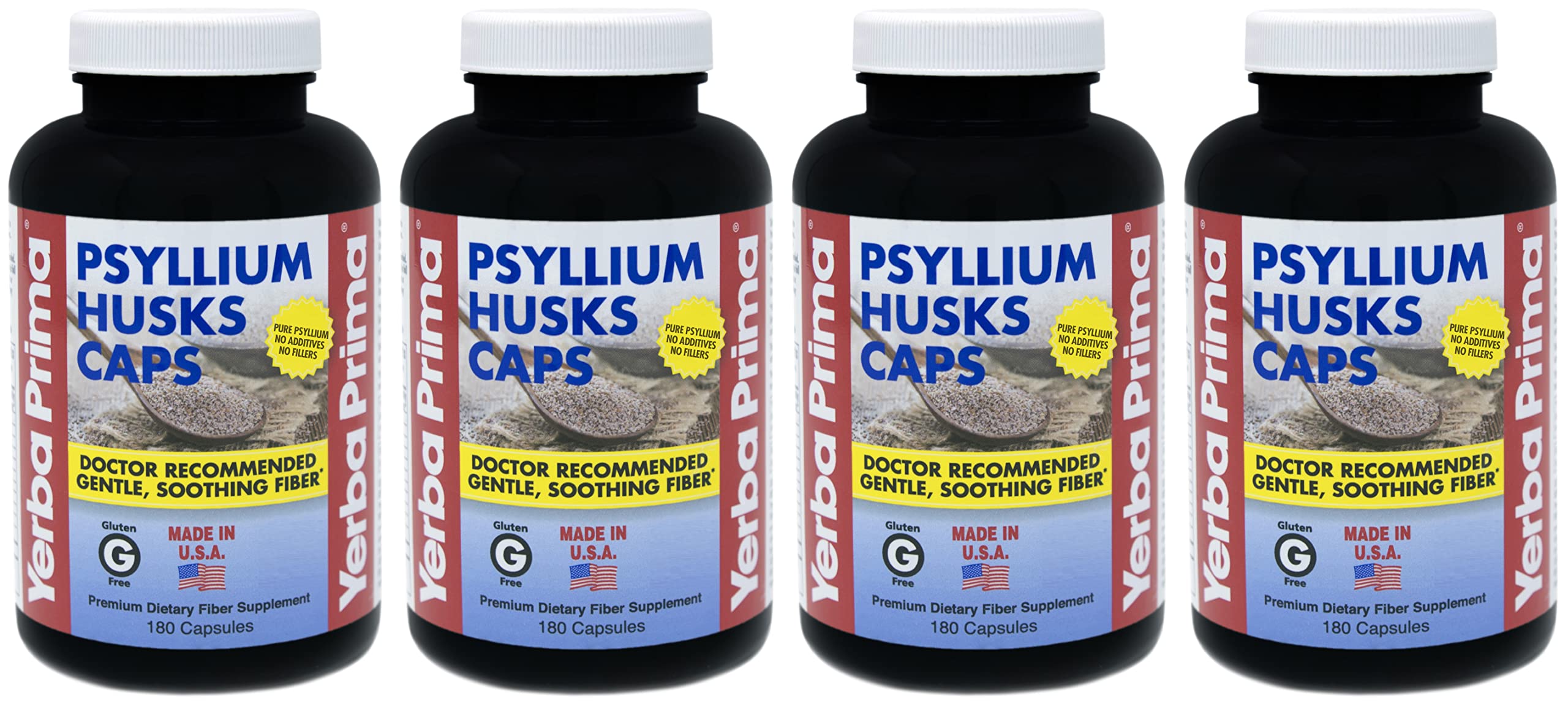 Yerba Prima cápsulas de psyllium, botella: apoyo para la regularidad diaria.