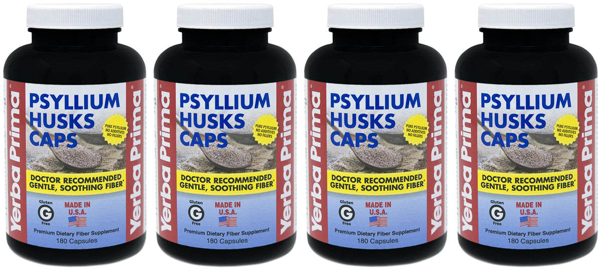 Yerba Prima cápsulas de psyllium, botella: apoyo para la regularidad diaria.