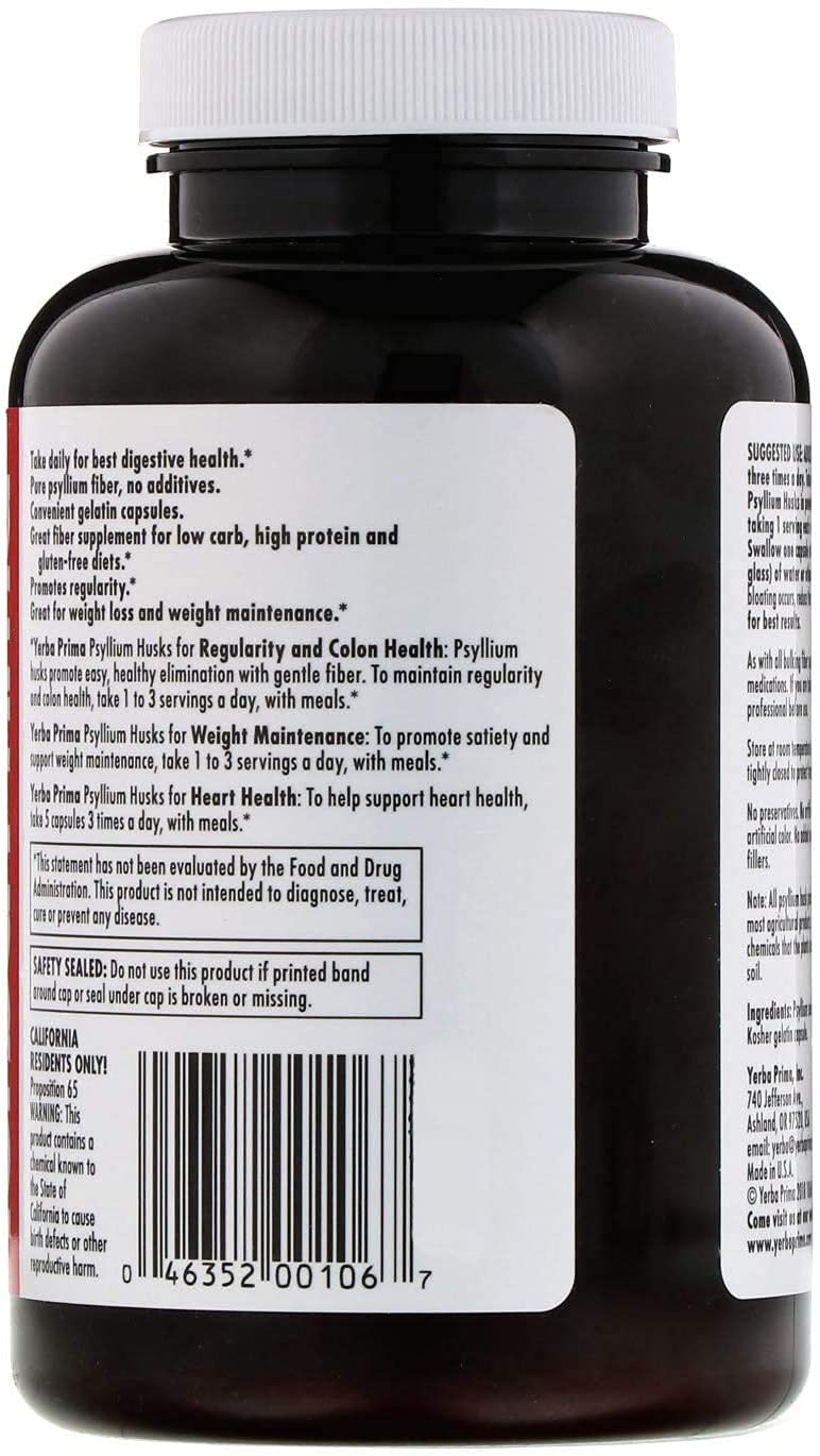 Contenedor de Yerba Prima psyllium: formato en cápsulas de fibra.