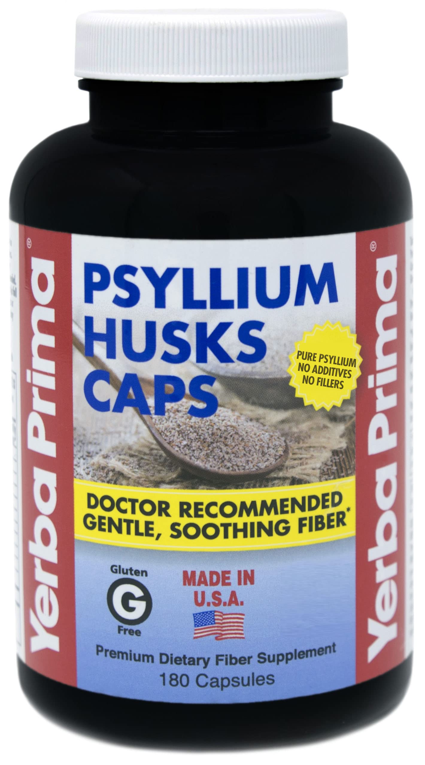 Yerba Prima Psyllium Cápsulas: frente de la botella para apoyo diario de regularidad.