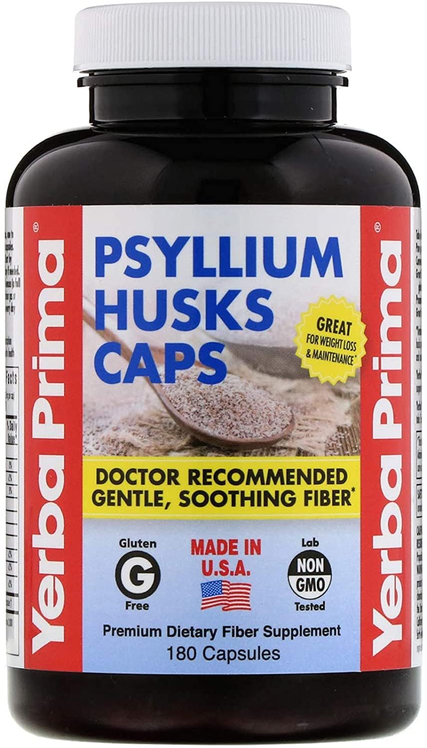 Visualización del producto Yerba Prima psyllium: cápsulas de fibra de calidad.