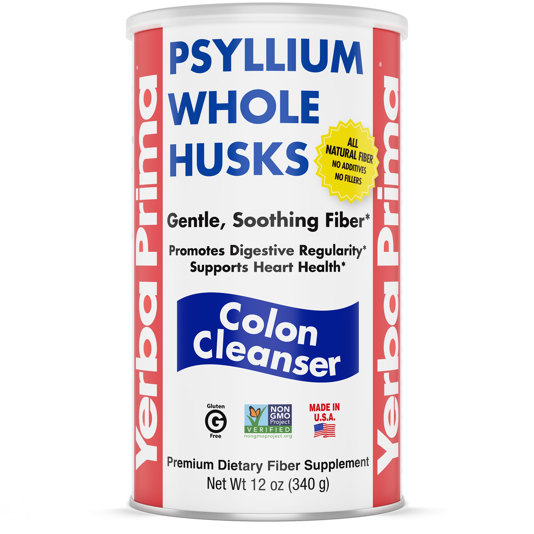 Frasco de Yerba Prima Psyllium con cáscara entera, fibra para uso diario.