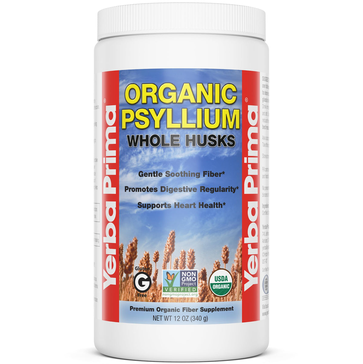 Yerba Prima psyllium cáscaras enteras, envase de 12 oz para regularidad suave