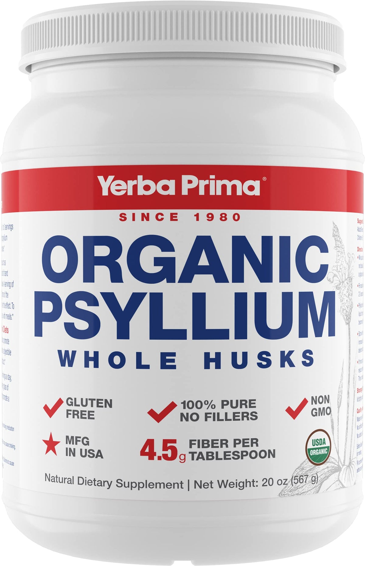 Yerba Prima psyllium con cascaras enteras en botella para apoyar la regularidad