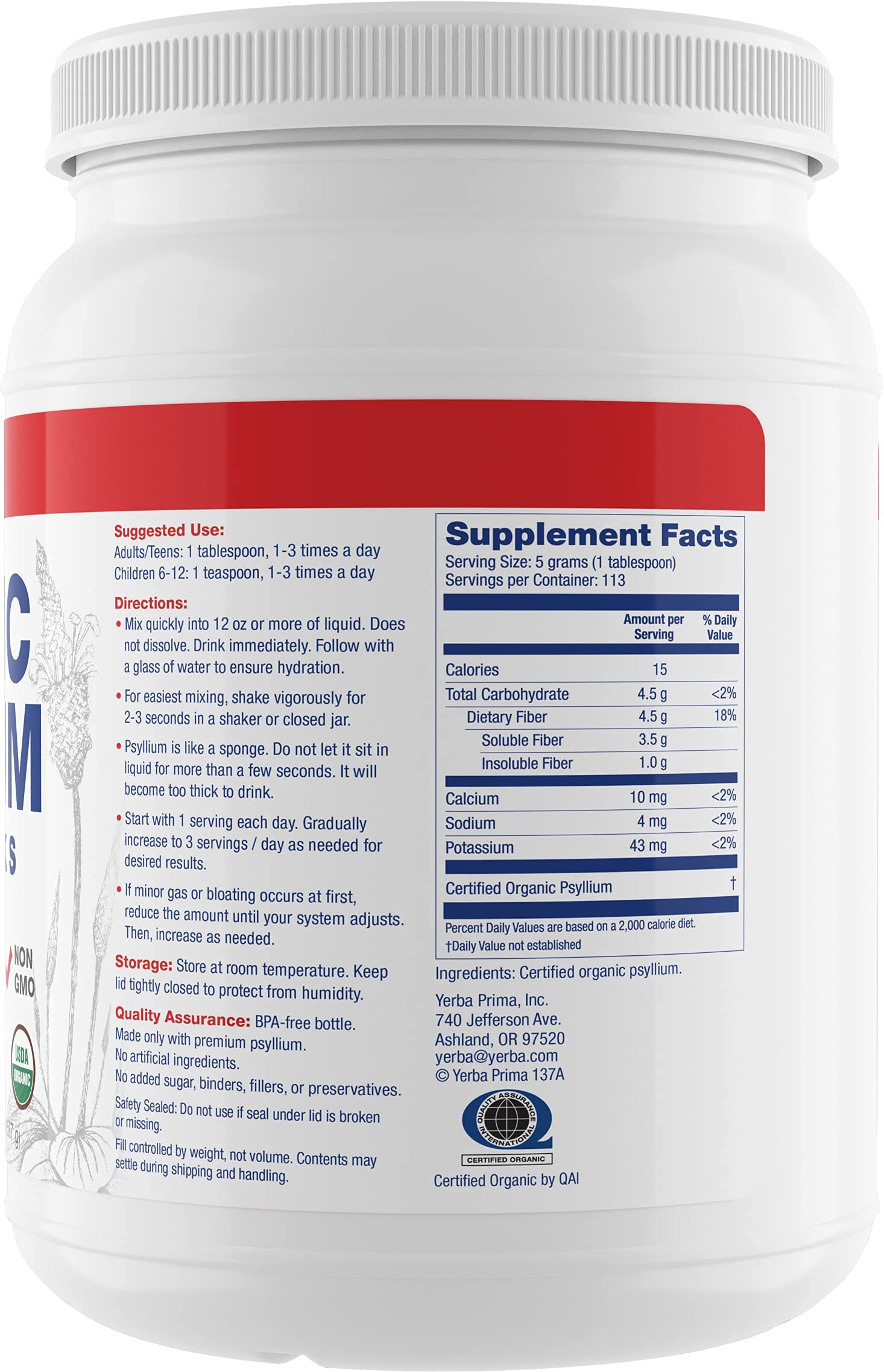 Envase compacto de Yerba Prima psyllium para almacenamiento seguro