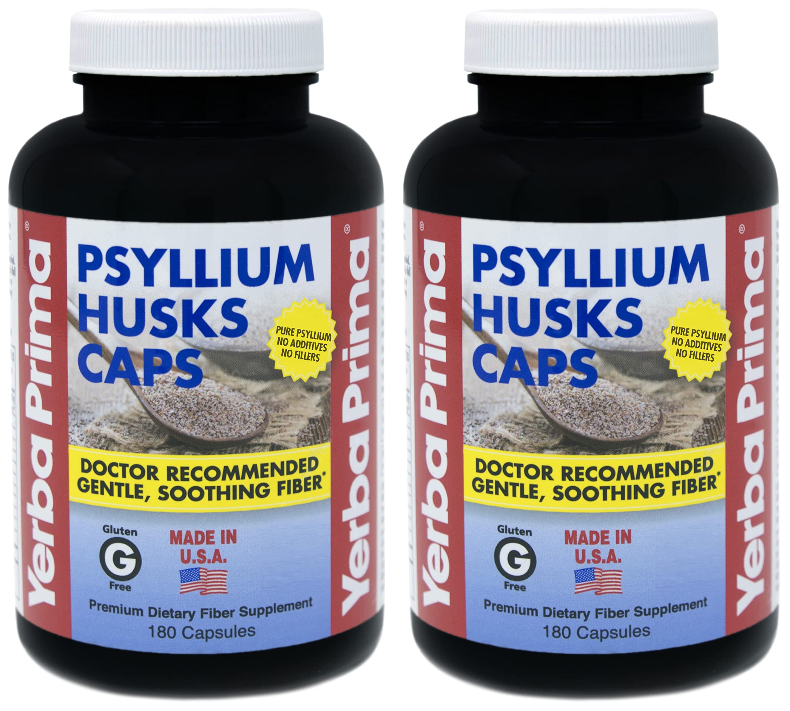 Yerba Prima Psyllium Husk Caps, botella, fibra suave para apoyar la salud digestiva diaria.