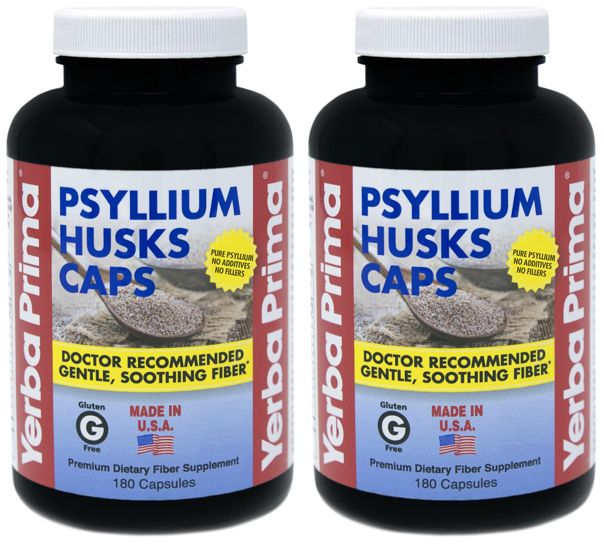Yerba Prima Psyllium Husk Caps, botella, fibra suave para apoyar la salud digestiva diaria.