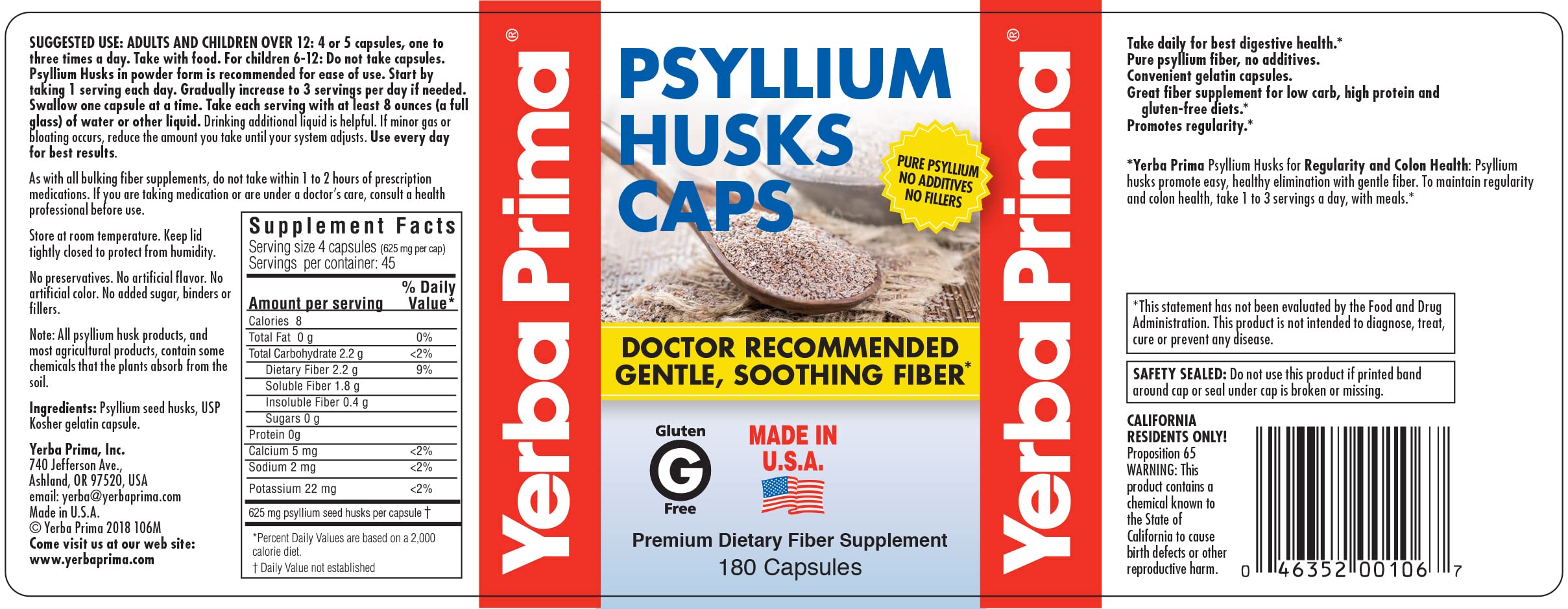 Yerba Prima Psyllium Husk Caps, cápsulas, rendimiento suave para regularidad sin esfuerzo.