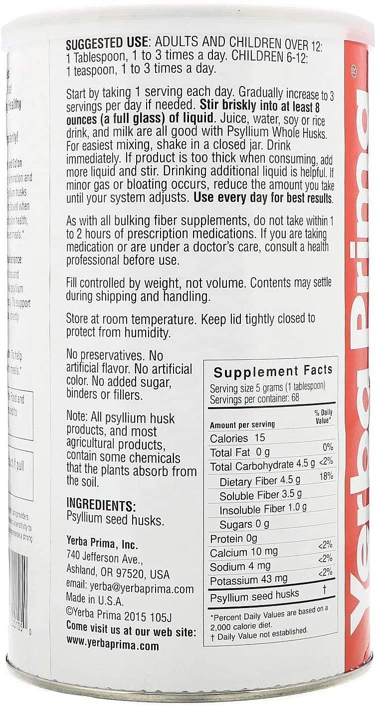 Yerba Prima Psyllium Husk ingrediente único: psyllium natural