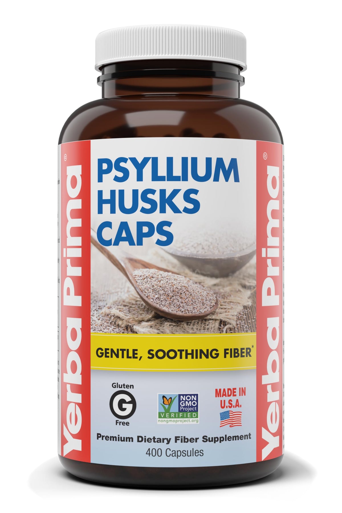 Yerba Prima psyllium en botella para la regularidad diaria.