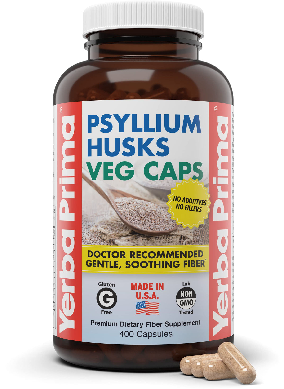 Cápsulas de psyllium de Yerba Prima en envase, fibra diaria para regularidad.