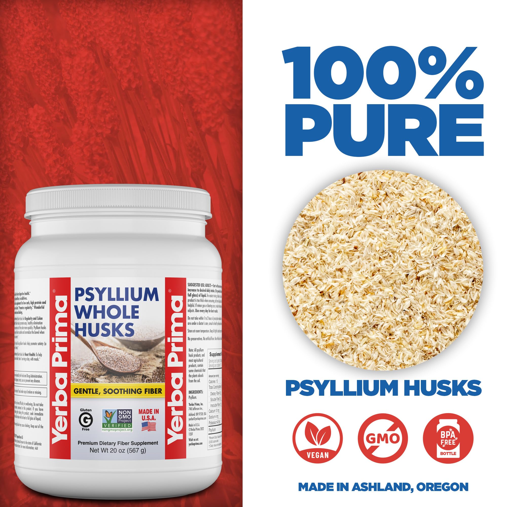 Yerba Prima Psyllium: empaque que destaca fibra natural sin gluten