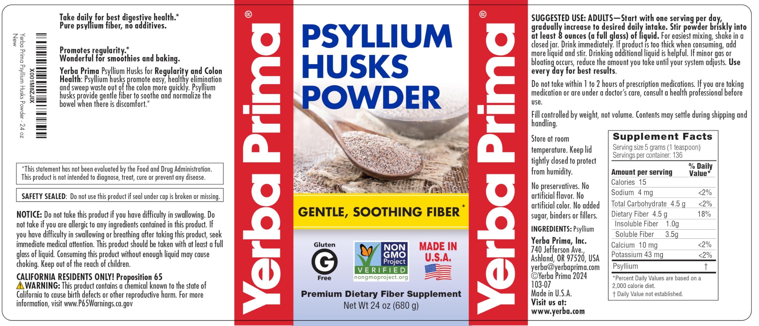 Yerba Prima Psyllium Husks Polvo uso con jugos y leche vegetal.