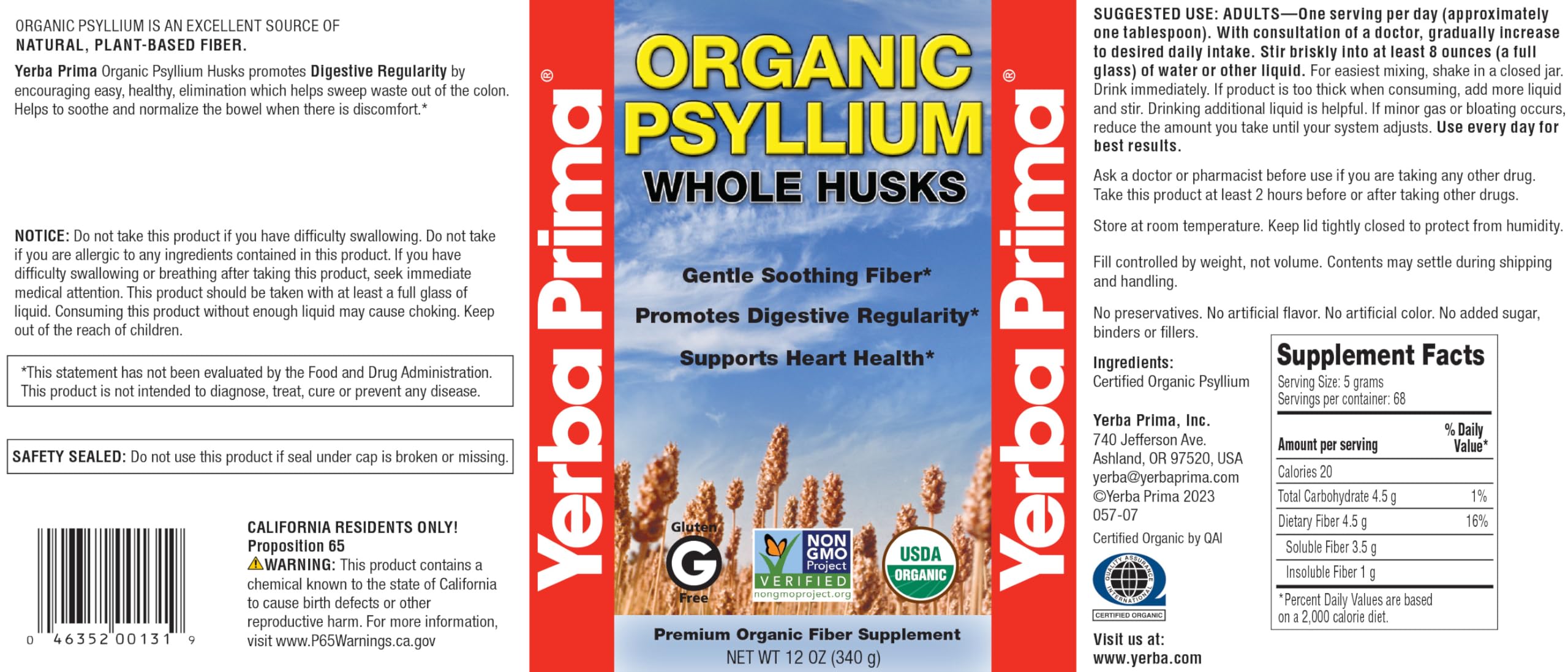 Yerba Prima Psyllium orgánico: sin OGM y sin gluten para más opciones.