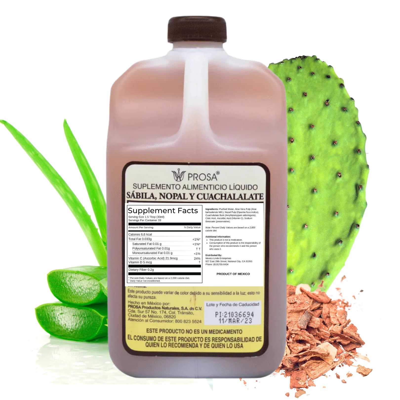 YERBERO PROSA ingredientes Aloe Vera, Nopal y Cuachalalate visibles.