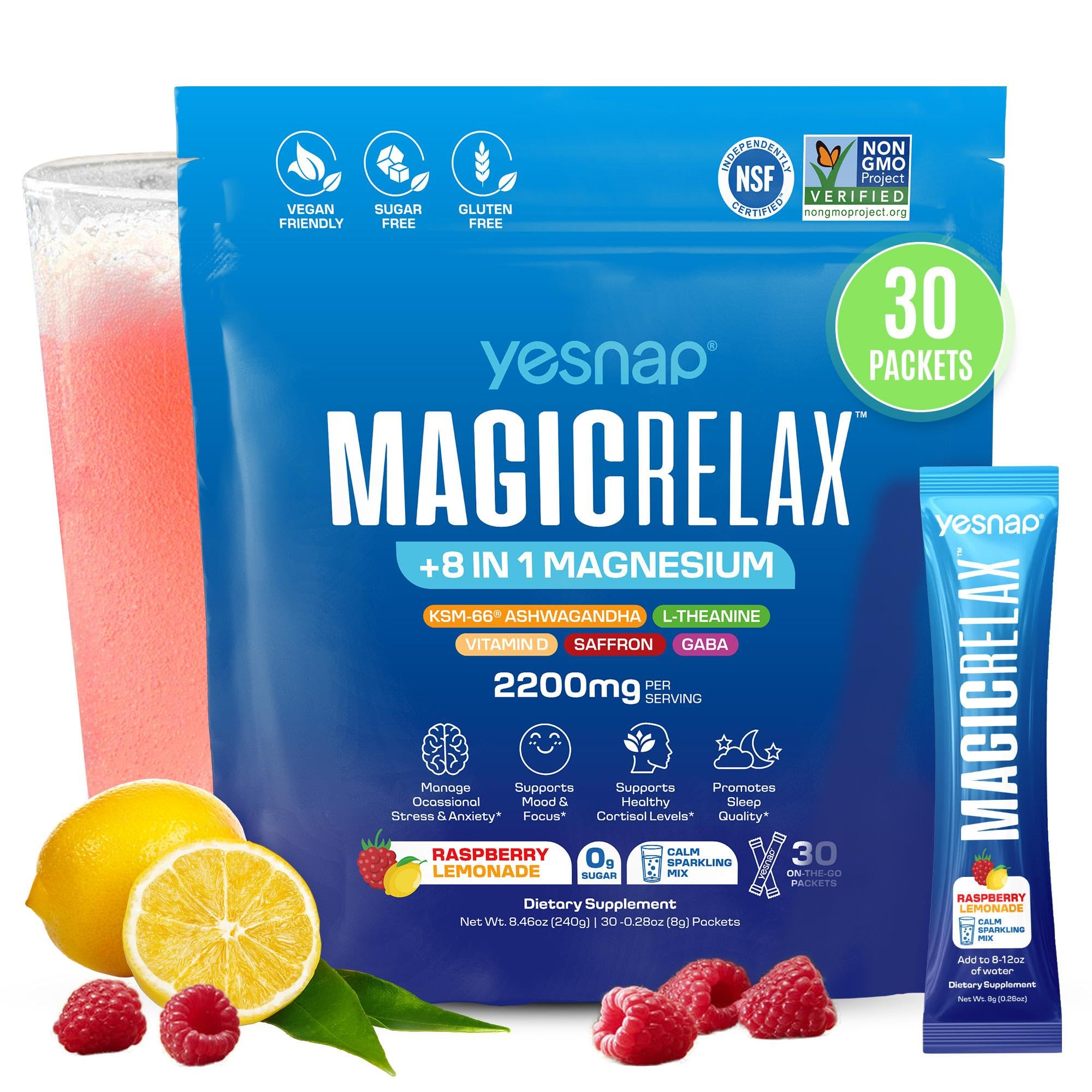 Yesnap MAGICRELAX botella frontal muestra mezcla calmante para apoyo diario al estrés.