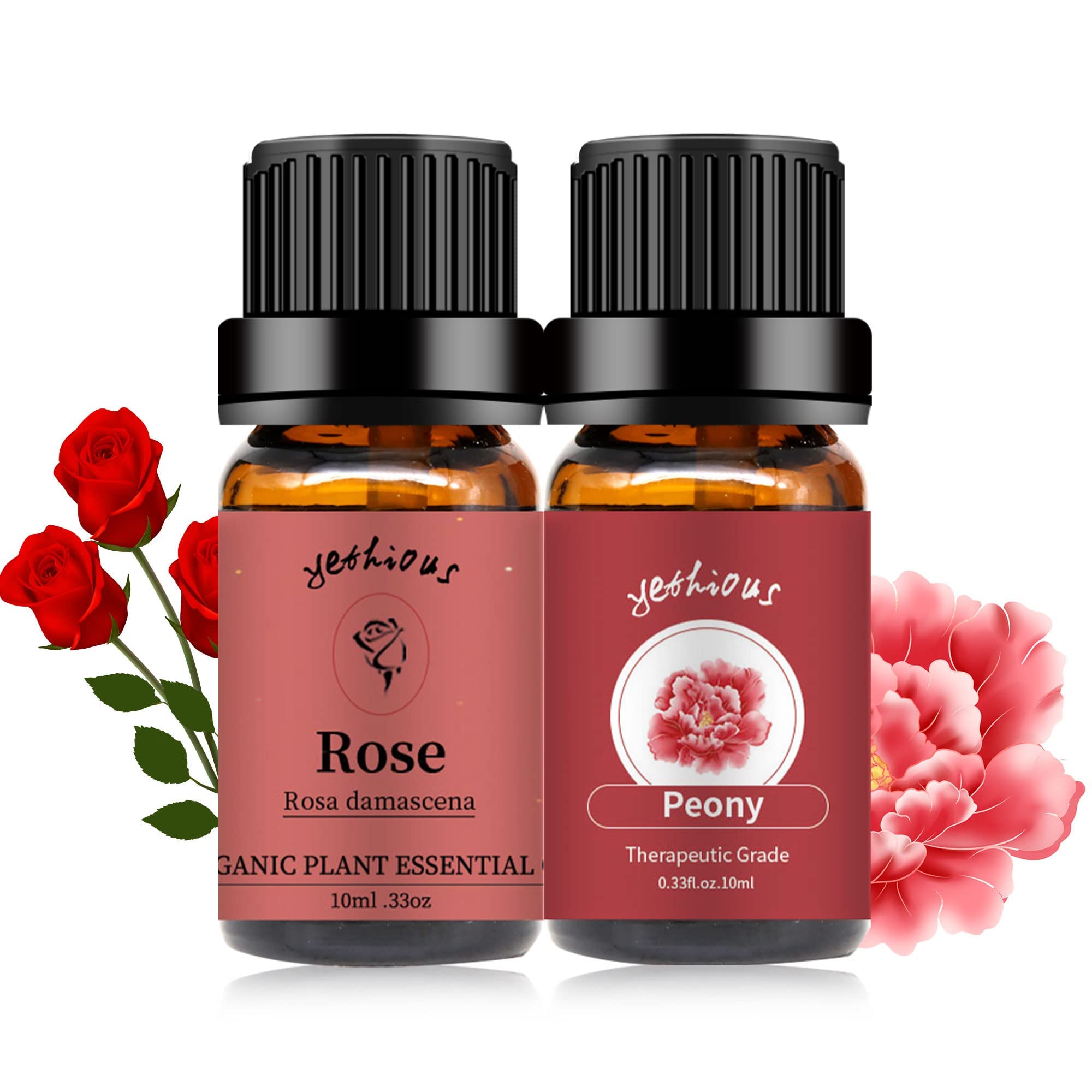 Aceite esencial de rosa Yethious: botella para aromaterapia y ambientación.