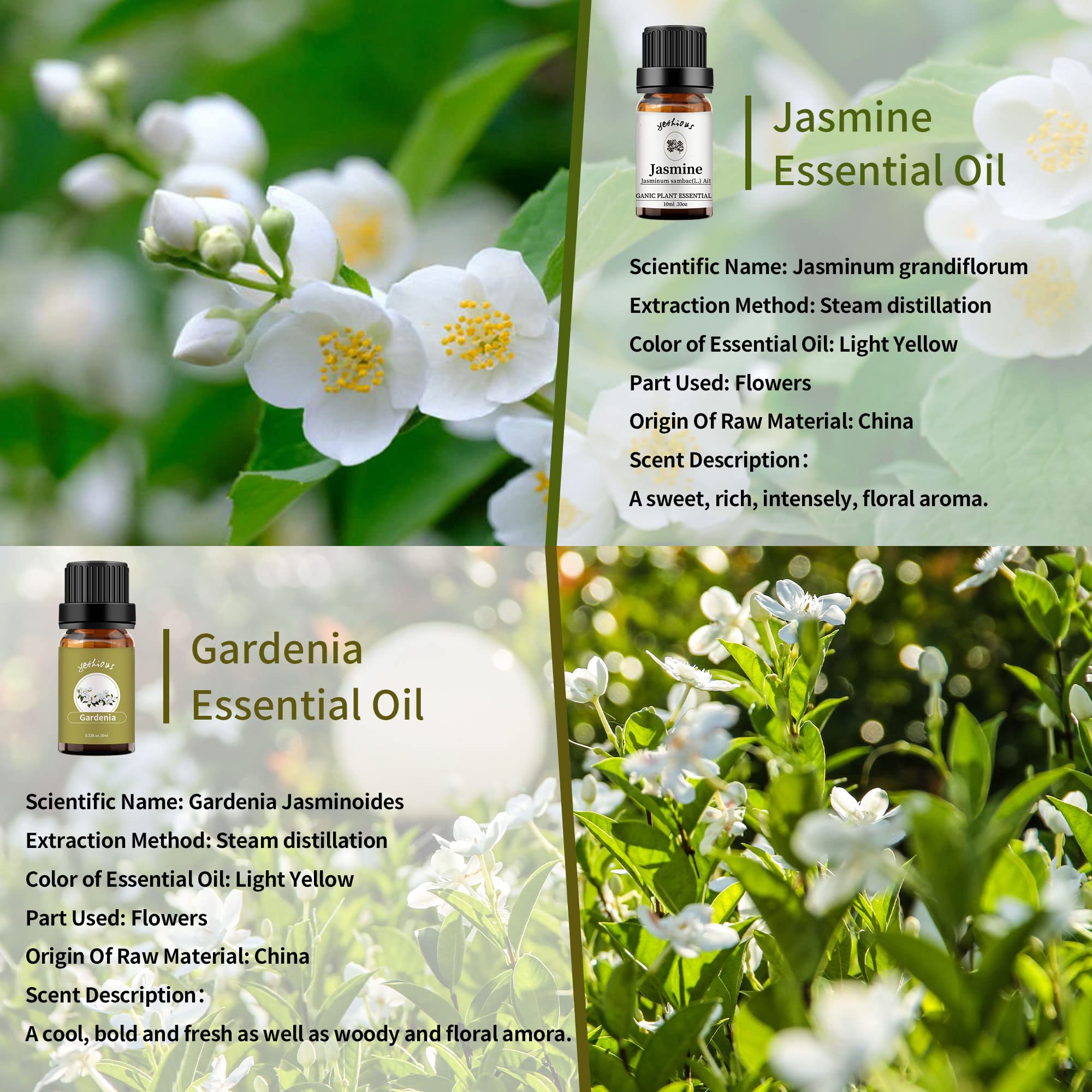 Aceite gardenia de yethious en botella ámbar para difusor.