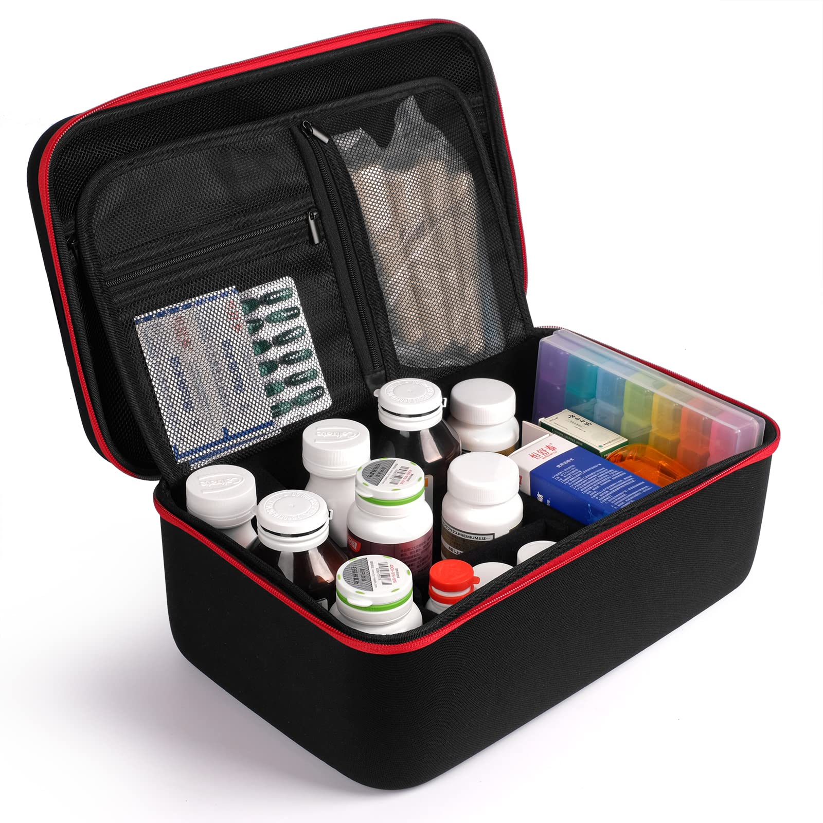 Yewltvep organiza botellas de medicina con divisiones ajustables para clasificación rápida.