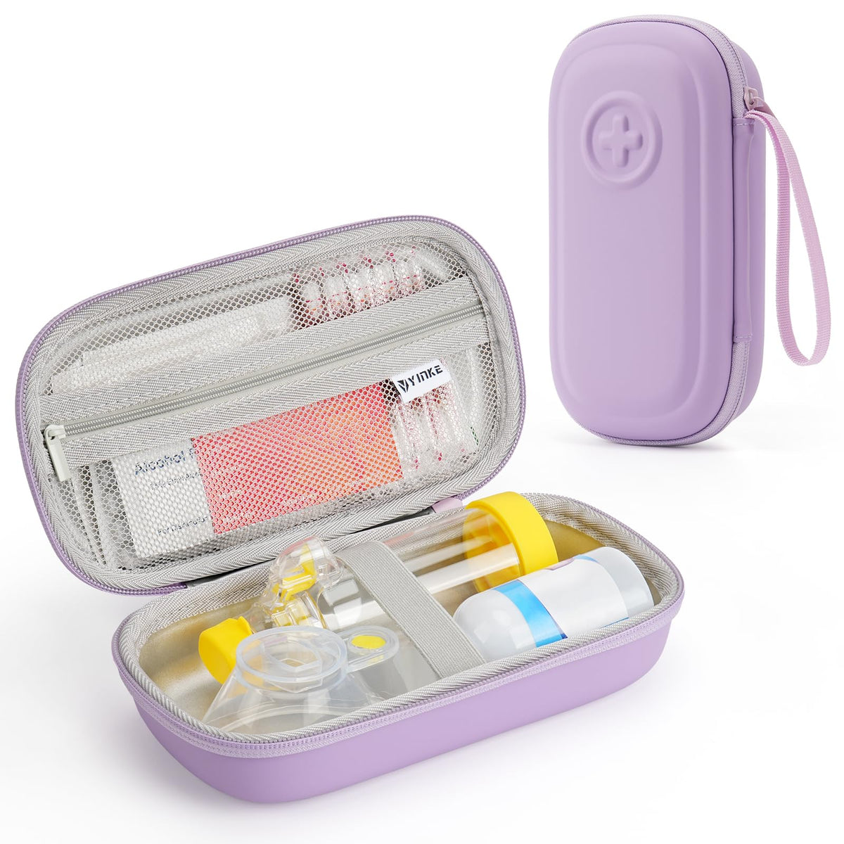 YINKECASE caja porta inhalador violeta, vista frontal, organización rápida.