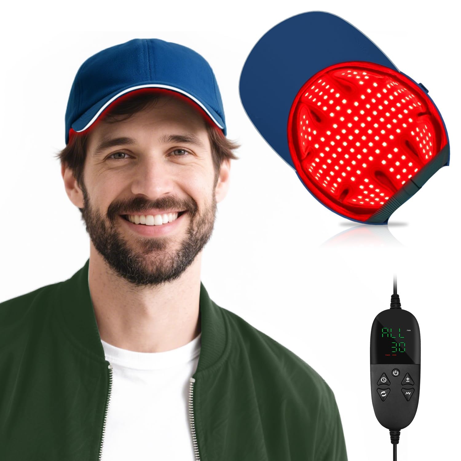 Gorra de luz roja YIPFREE vista frontal para uso en casa.