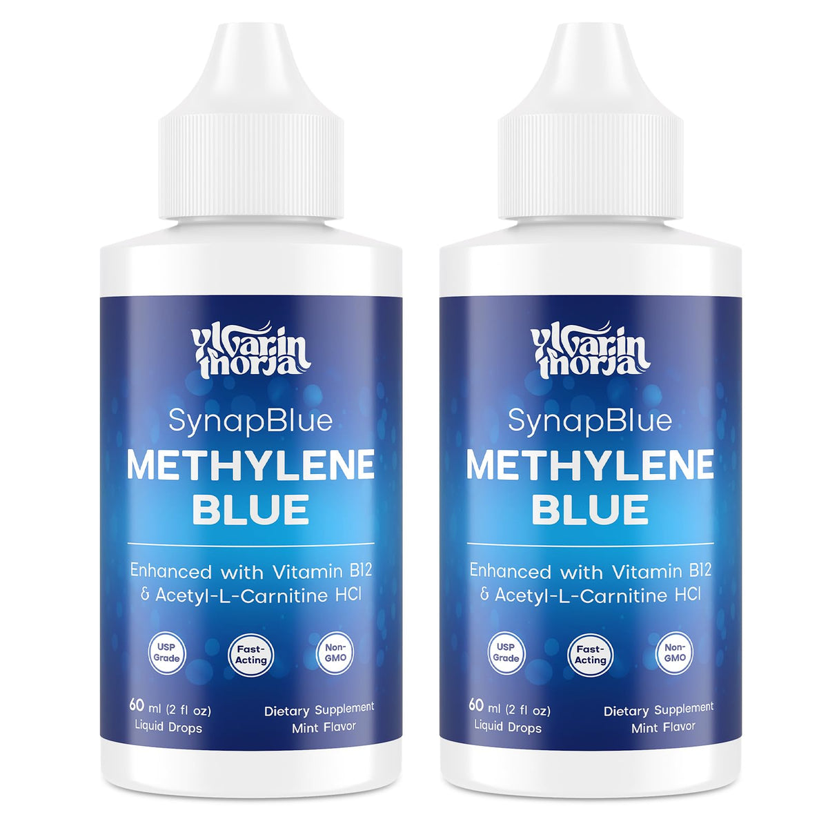 Gotas de metileno azul YLVARIN THORIA en frasco ámbar para absorción rápida.