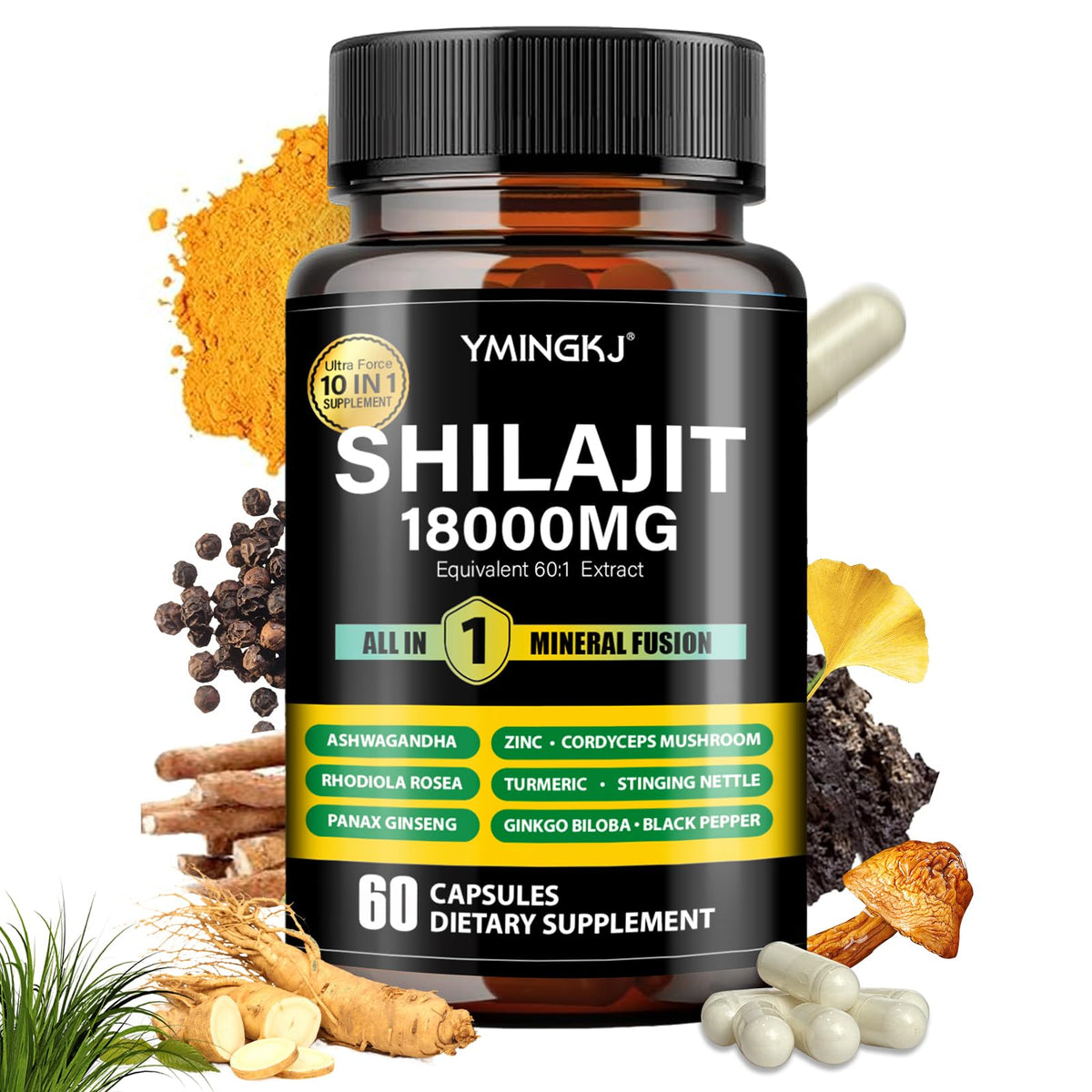 YMINGKJ Shilajit Cápsulas, botella, apoyo diario del bienestar.