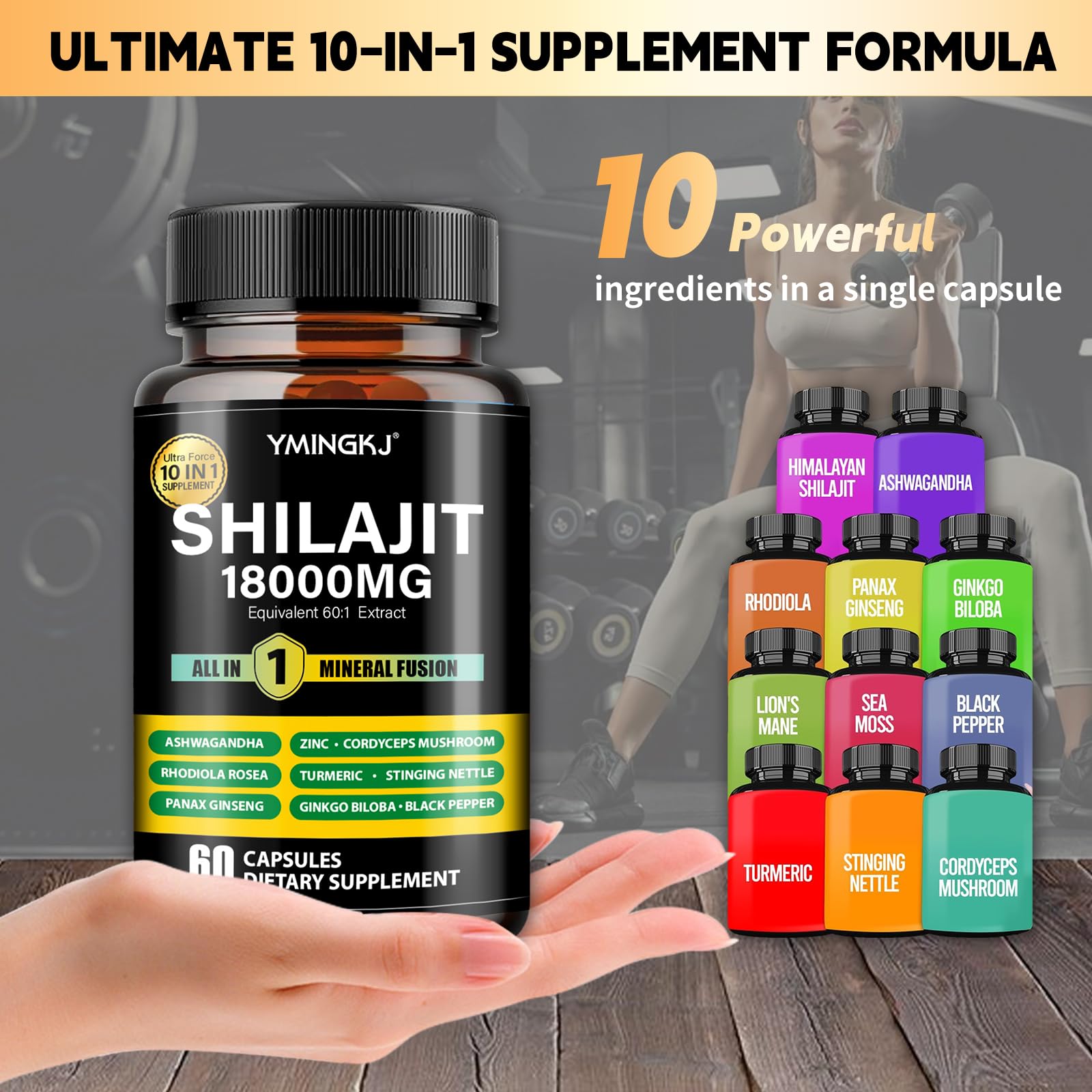 YMINGKJ Shilajit con ashwagandha y ácido fúlvico, mezcla de nutrientes.