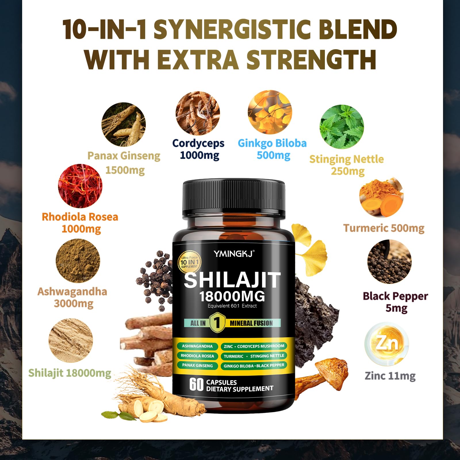 Cápsulas YMINGKJ Shilajit, primer plano para energía sostenida.