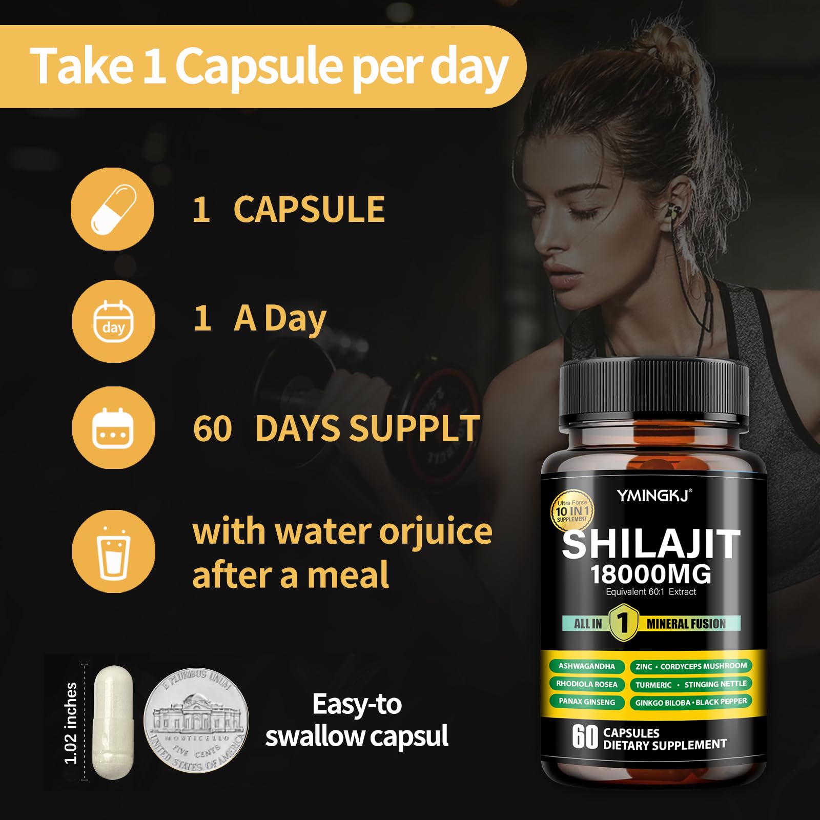 Fórmula libre de gluten, soja y lácteos en YMINGKJ Shilajit Cápsulas.