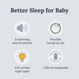 Yogasleep Hushh con clip para bebé, perfecto para cochecito o silla.
