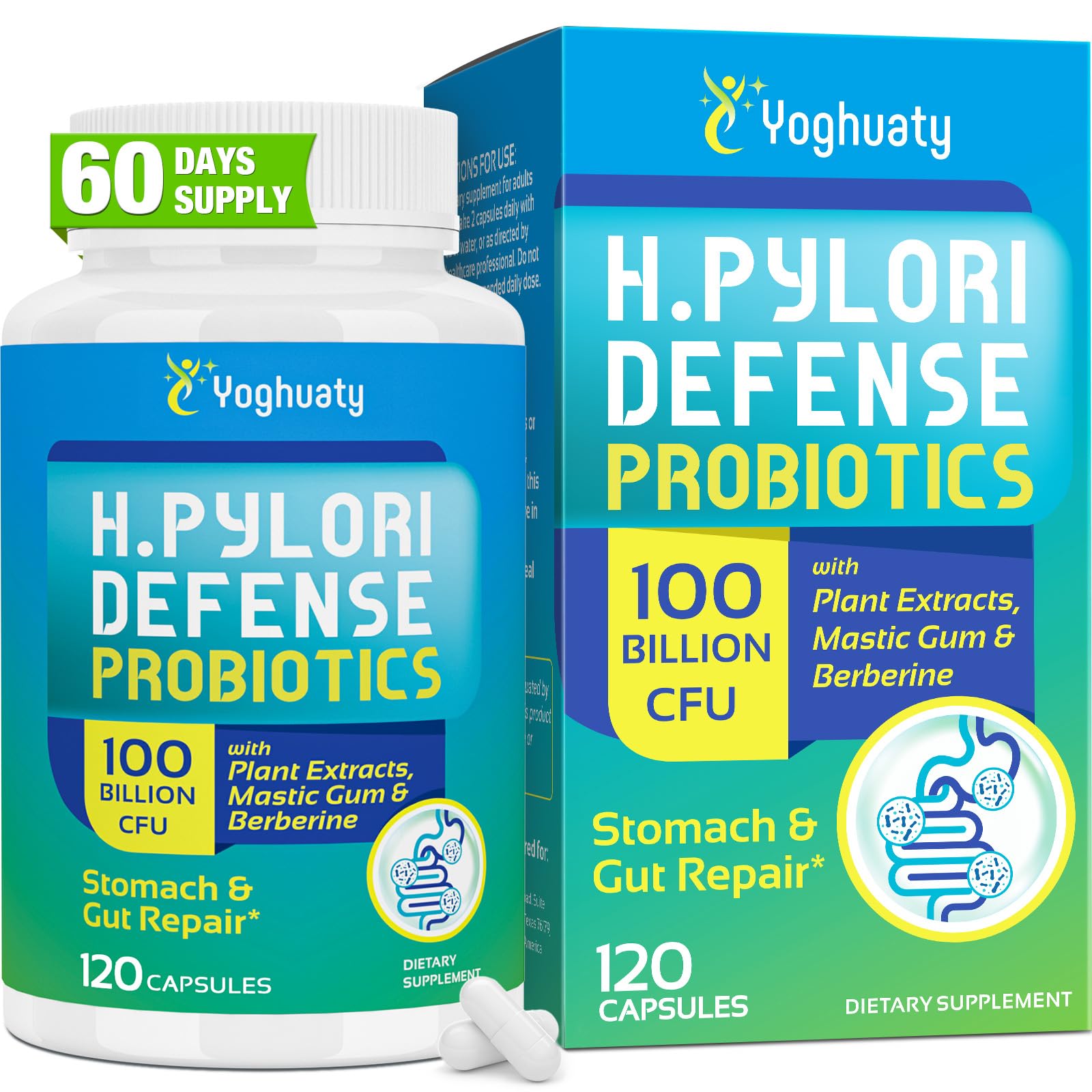 Yoghuaty H. Pylori Defense Probiotics frasco con cápsulas para bienestar digestivo