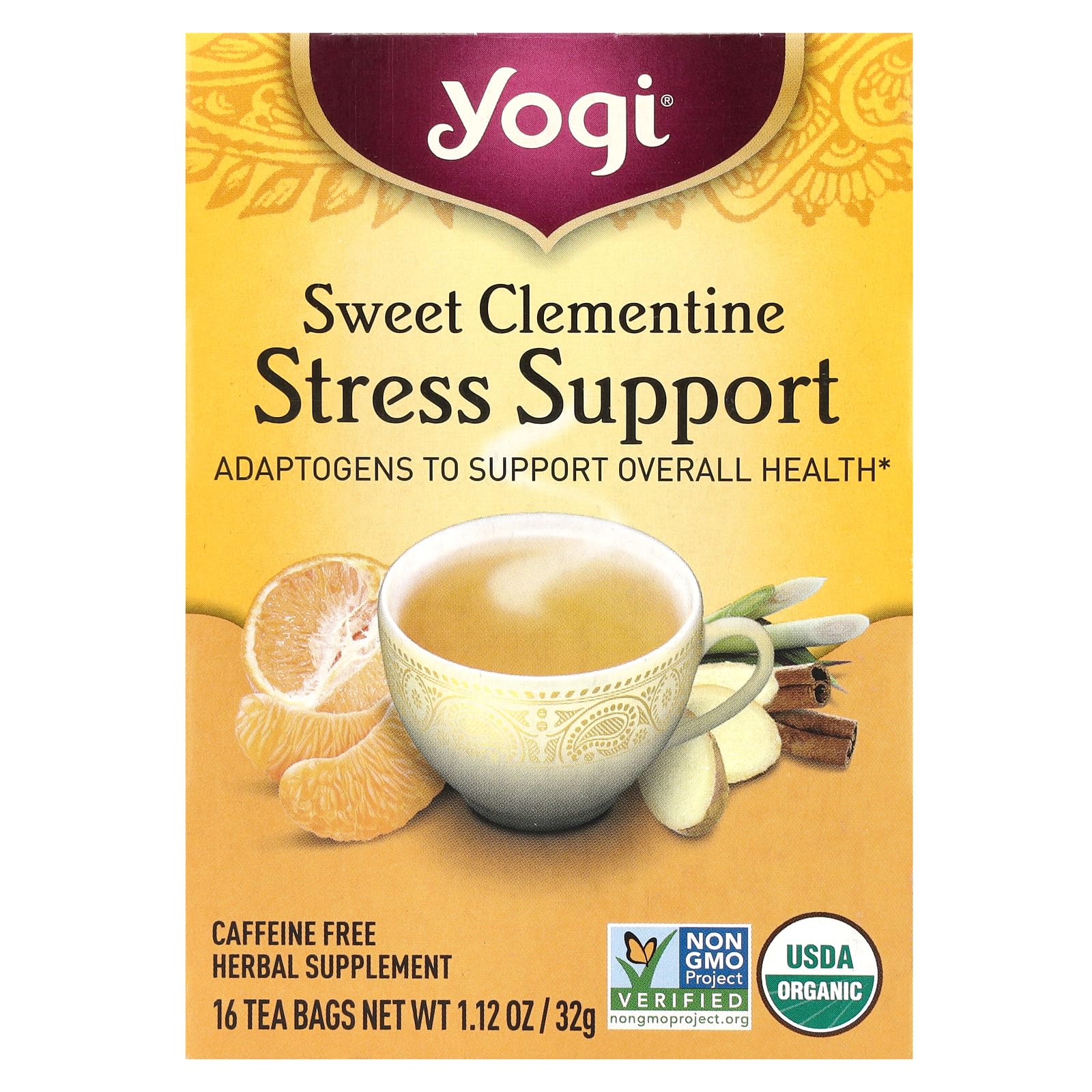 Taza de YOGI TEA Clementina Dulce para un momento de relajación cítrica.