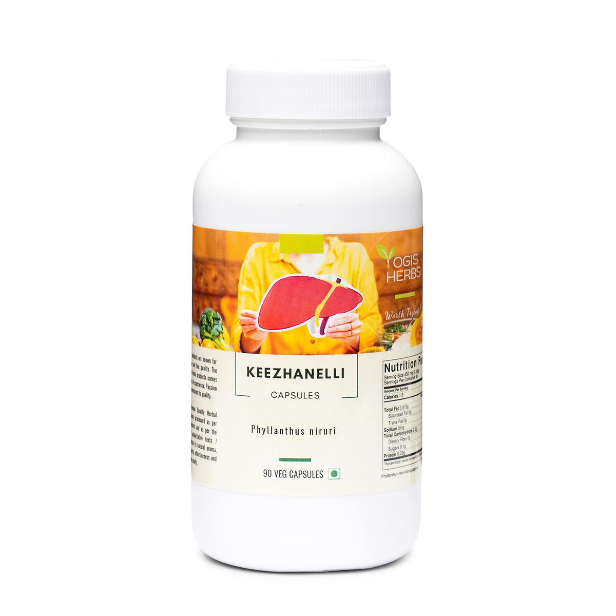 Keezhanelli de YOGIS HERBS, cápsulas en bote para apoyo hepático y bienestar general.