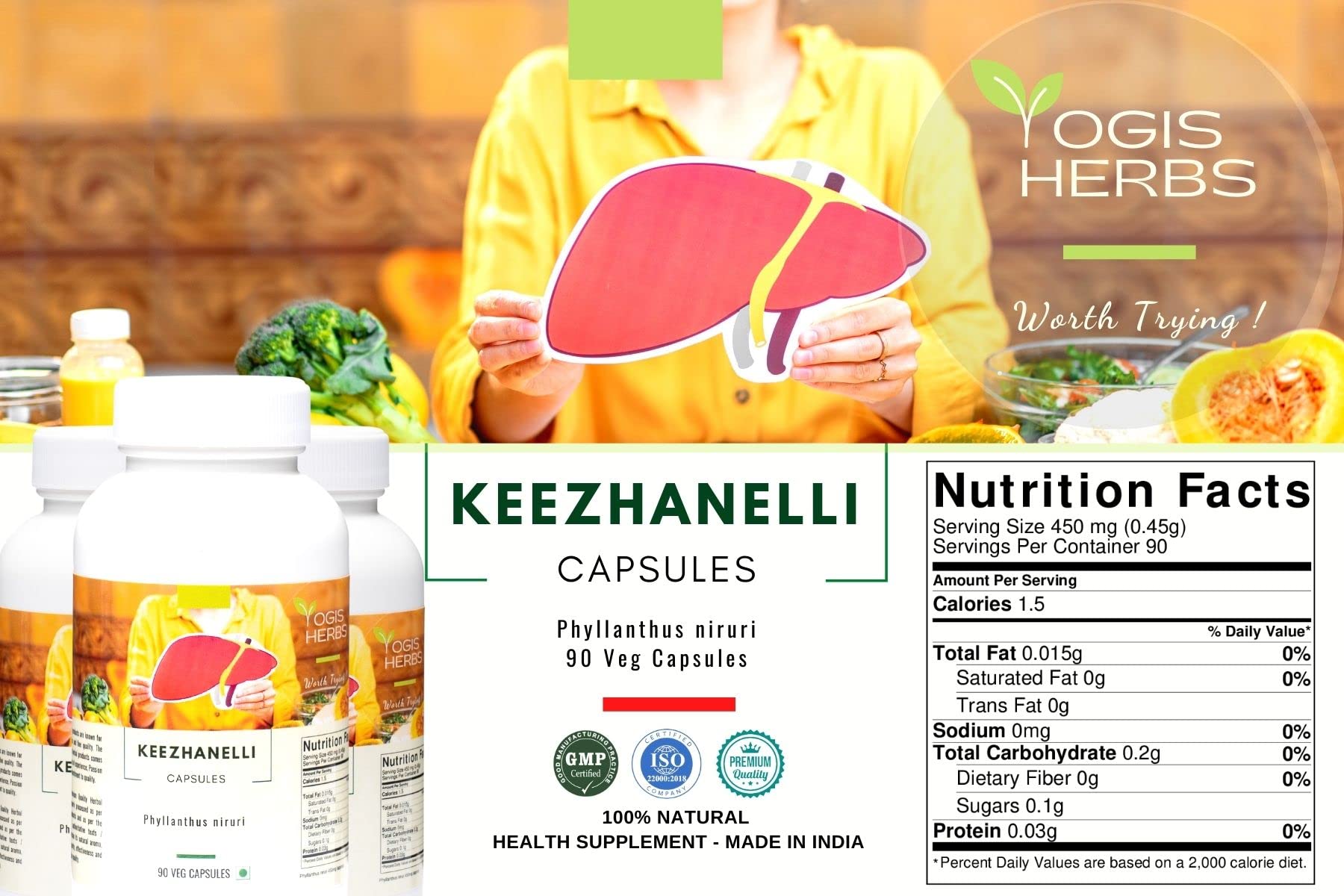 Keezhanelli de YOGIS HERBS, etiqueta detallada para cuidado renal y digestivo.