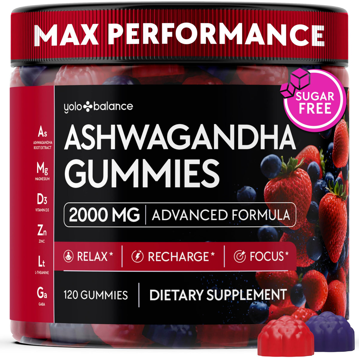 YOLOBALANCE Ashwagandha Gummies en envase, apoyo al equilibrio diario.