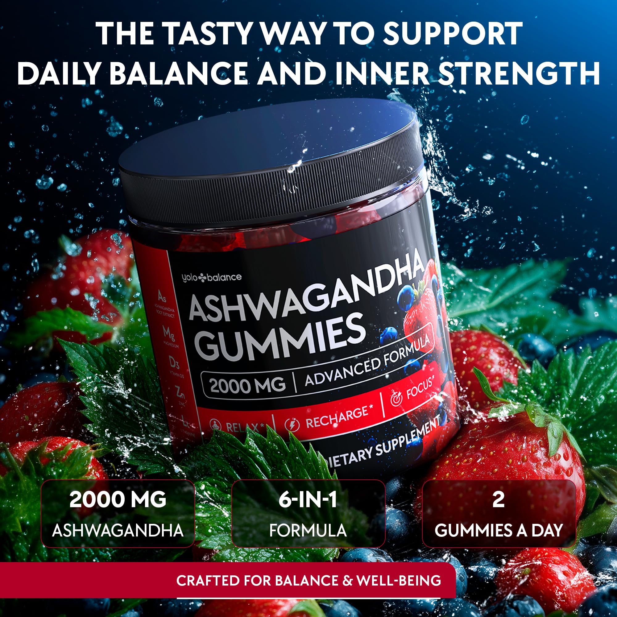 Etiqueta de YOLOBALANCE Ashwagandha Gummies con información de ingredientes.